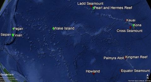 Locations of HARPs in the Pacific Islands region to monitor cetacean occurrence and seasonality. Green locations are active as of October 2018 and red locations are currently inactive HARP locations. Credit: NOAA Fisheries